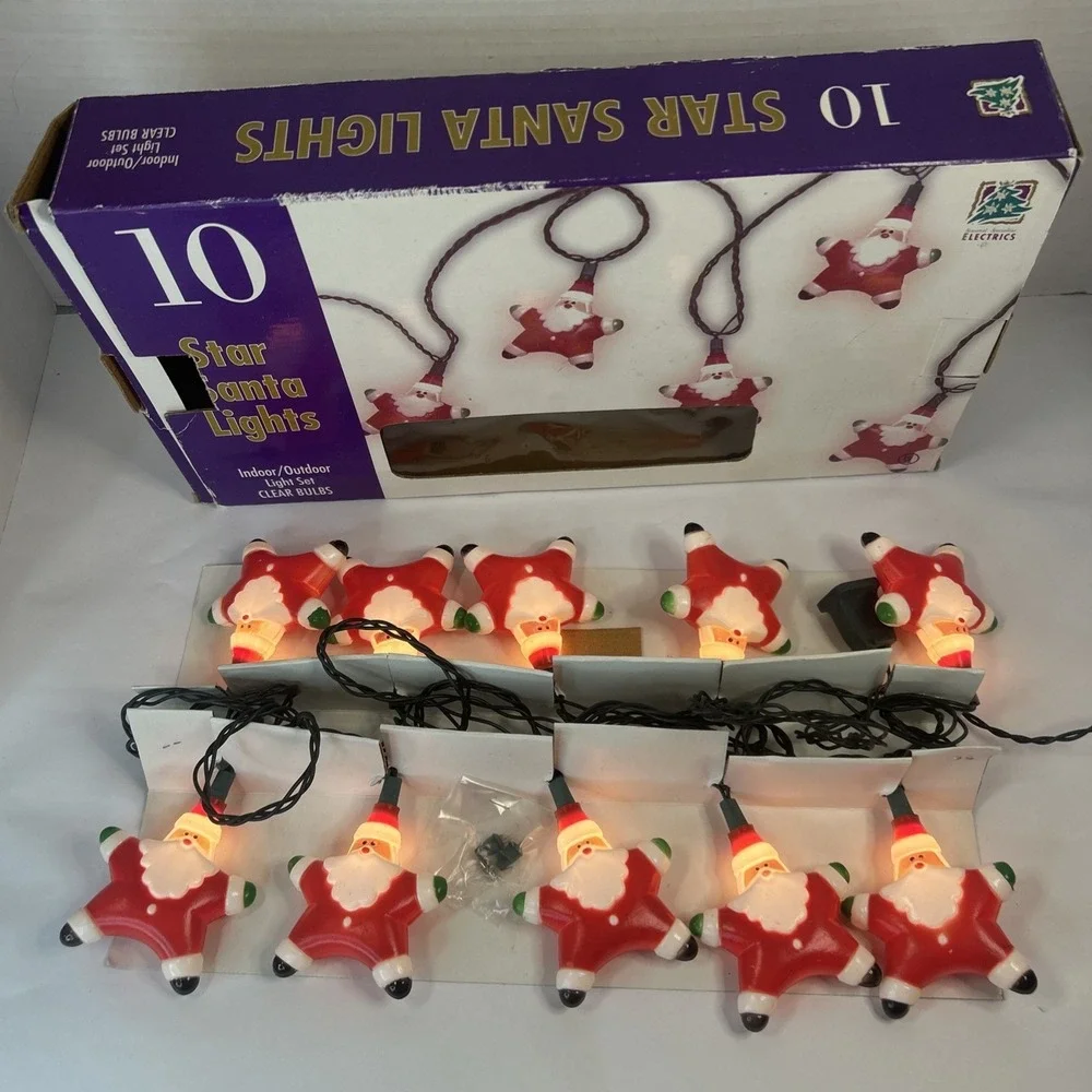 Vintage‎ Star Santa Christmas String Lights Indoor/Outdoor Clear Bulbs 1995